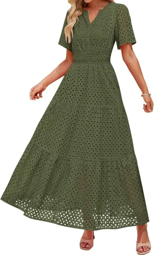 Womens Summer Short Sleeve Maxi Dress Casual V Neck Hollow Out Eyelet Ruffle Swing A Line Long Dress Vacation Outfits