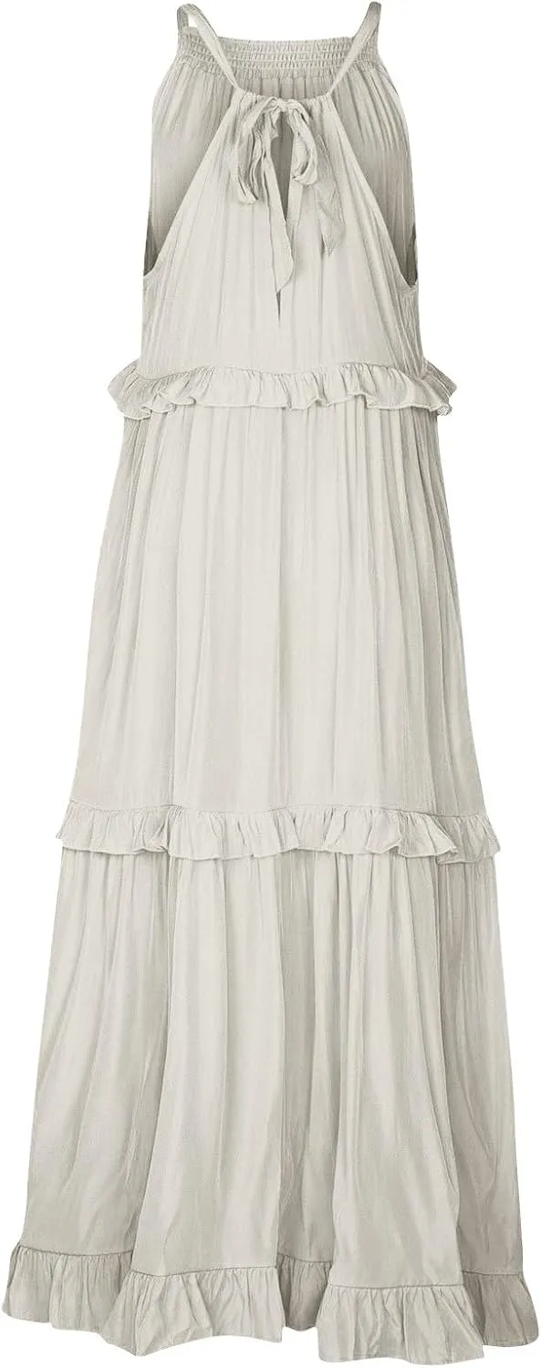 Womens Summer Sleeveless Dress Halter Tie Back Loose Flowy Ruffle Tiered Maxi Dress Beach Swing Long Dresses Sundress