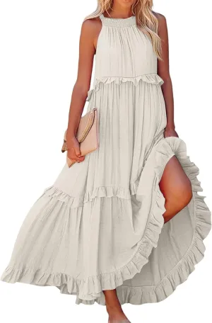 Womens Summer Sleeveless Dress Halter Tie Back Loose Flowy Ruffle Tiered Maxi Dress Beach Swing Long Dresses Sundress
