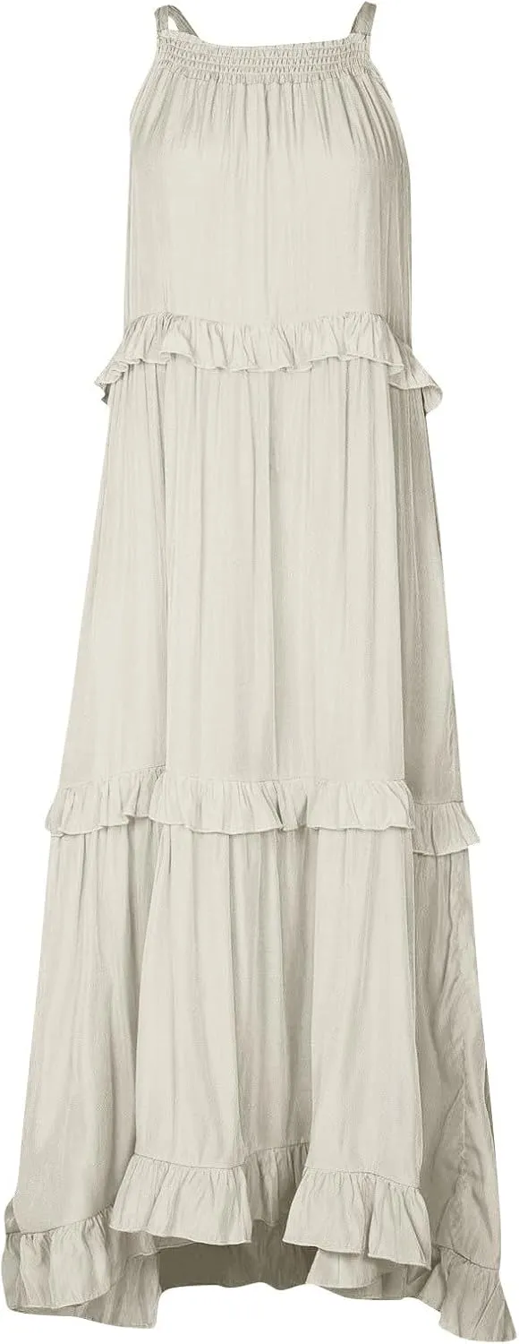 Womens Summer Sleeveless Dress Halter Tie Back Loose Flowy Ruffle Tiered Maxi Dress Beach Swing Long Dresses Sundress