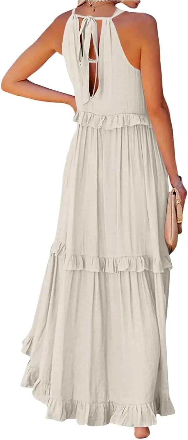 Womens Summer Sleeveless Dress Halter Tie Back Loose Flowy Ruffle Tiered Maxi Dress Beach Swing Long Dresses Sundress