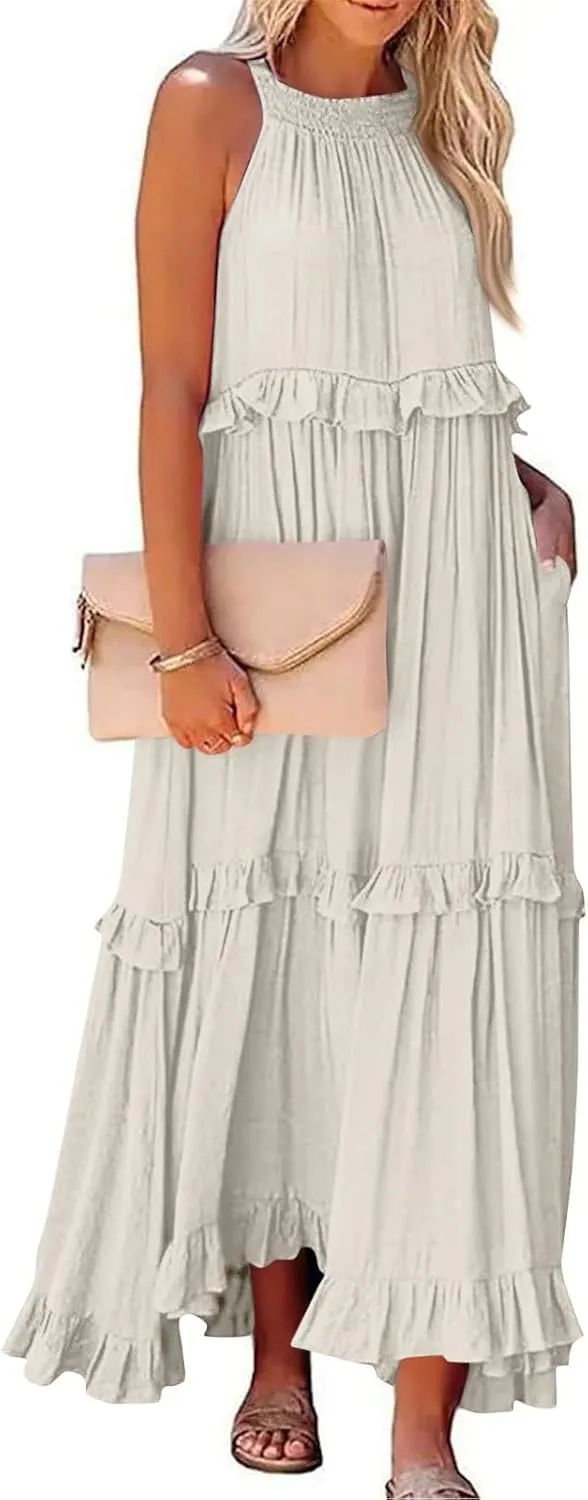 Womens Summer Sleeveless Dress Halter Tie Back Loose Flowy Ruffle Tiered Maxi Dress Beach Swing Long Dresses Sundress