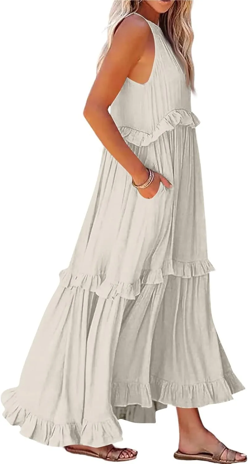 Womens Summer Sleeveless Dress Halter Tie Back Loose Flowy Ruffle Tiered Maxi Dress Beach Swing Long Dresses Sundress