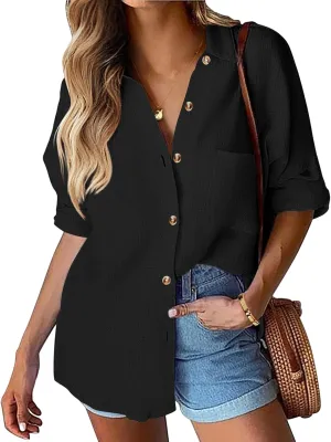 Womens Summer Tops Casual Linen Button Down Shirt V Neck Collared Long Sleeve Shirts Loose Fit Beach Tops with Pocket