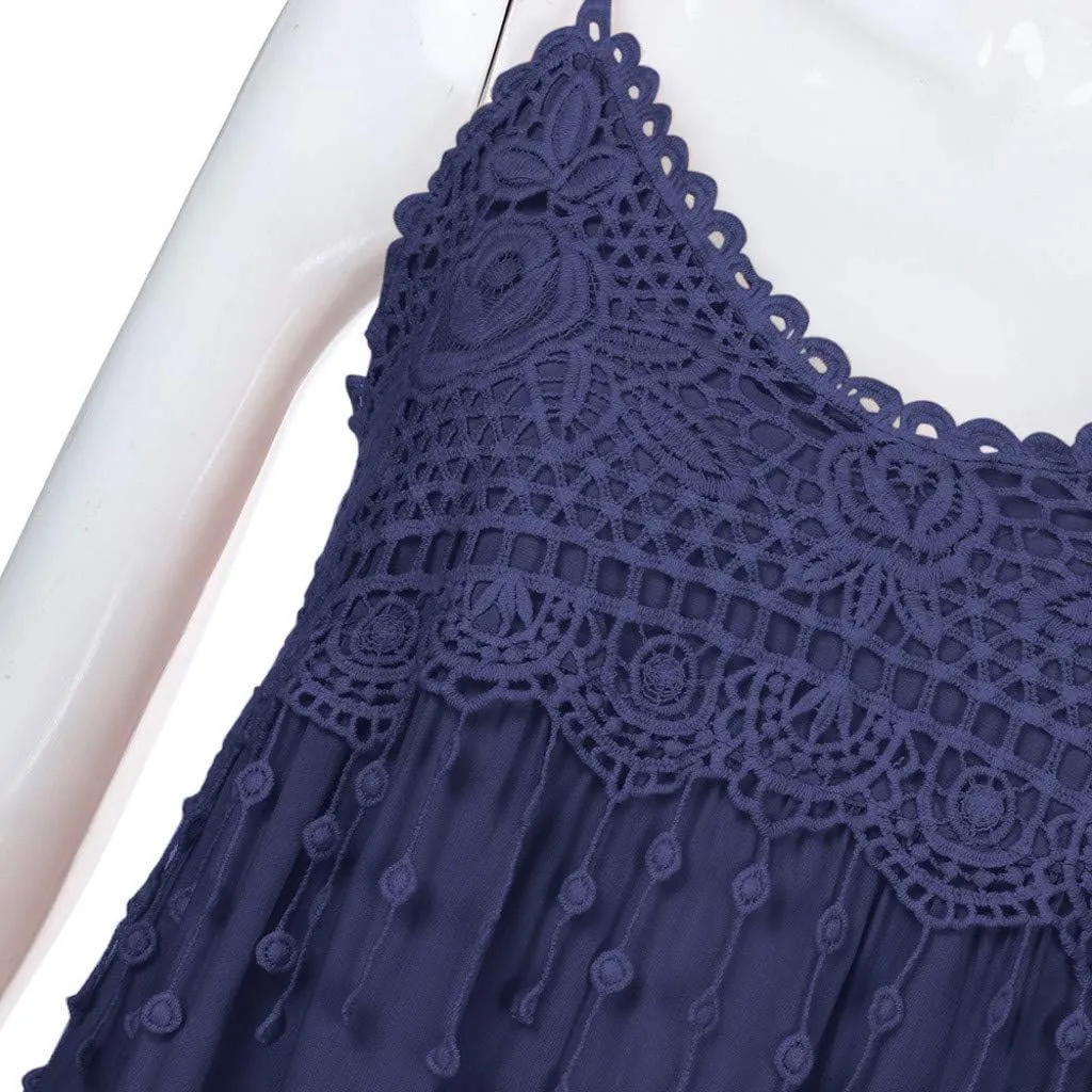 Womens Sundress 2025 Trendy Lace Patchwork Sexy Spaghetti Strap Sleeveless Tank Dresses Ladies Plus Size Midi Dress