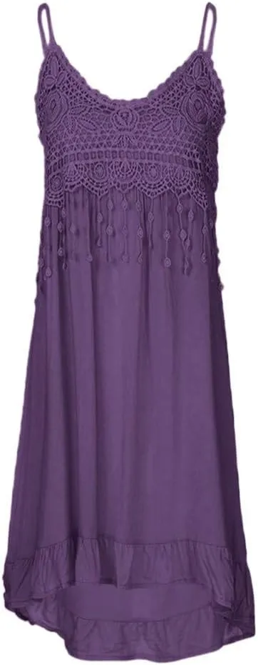 Womens Sundress 2025 Trendy Lace Patchwork Sexy Spaghetti Strap Sleeveless Tank Dresses Ladies Plus Size Midi Dress