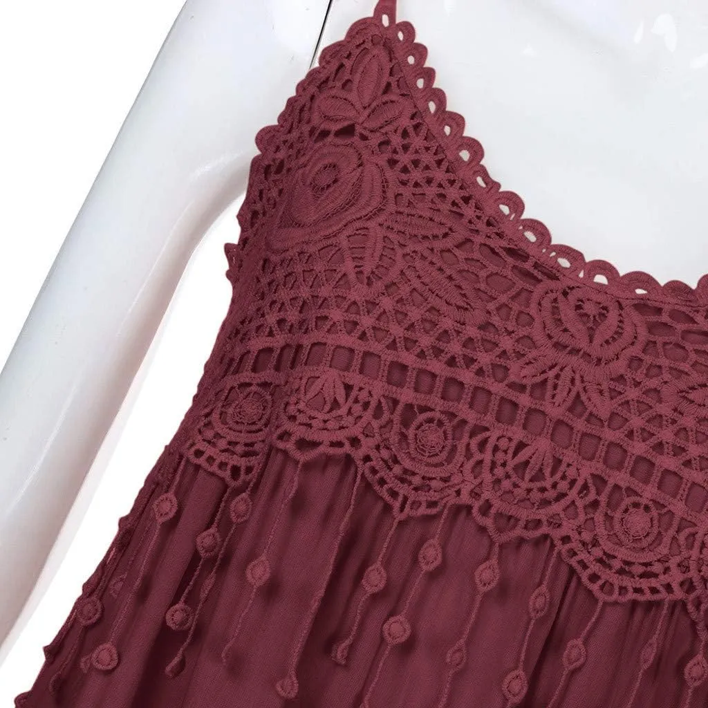 Womens Sundress 2025 Trendy Lace Patchwork Sexy Spaghetti Strap Sleeveless Tank Dresses Ladies Plus Size Midi Dress