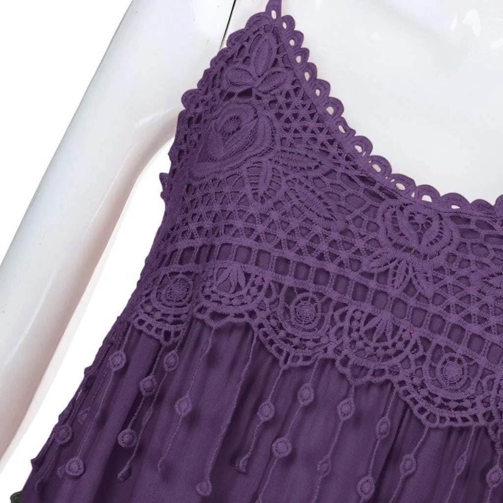Womens Sundress 2025 Trendy Lace Patchwork Sexy Spaghetti Strap Sleeveless Tank Dresses Ladies Plus Size Midi Dress