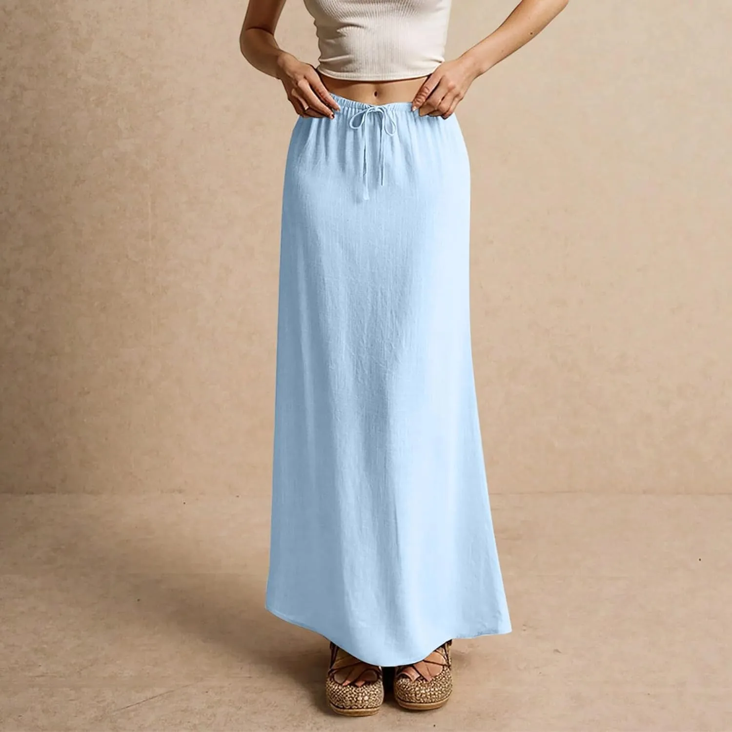 Women's Sundresses 2025 Summer Casual Loose Trendy Drawstring Solid Color Long Maxi Beach Sun Linen Skirts, S-2XL