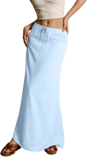 Women's Sundresses 2025 Summer Casual Loose Trendy Drawstring Solid Color Long Maxi Beach Sun Linen Skirts, S-2XL