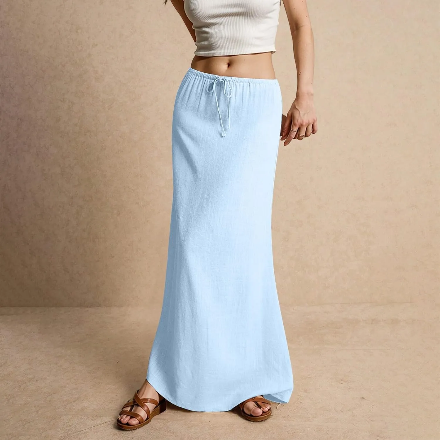 Women's Sundresses 2025 Summer Casual Loose Trendy Drawstring Solid Color Long Maxi Beach Sun Linen Skirts, S-2XL