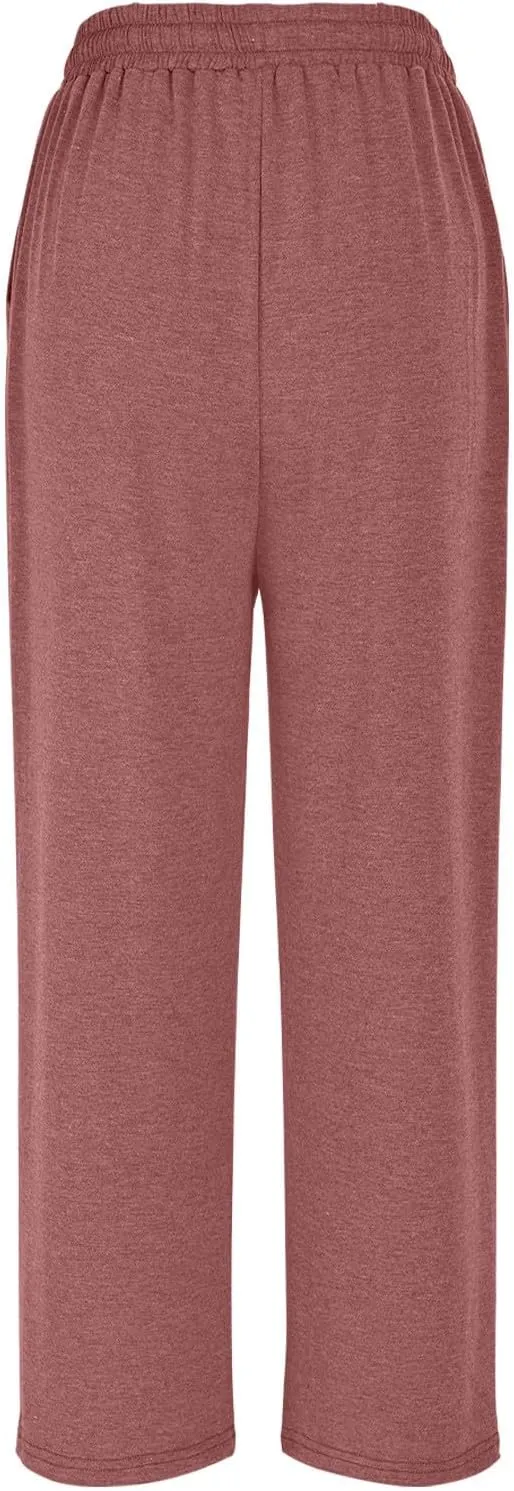 Womens Sweatpants Drawstring Stretch High Rise Straight Leg Pockets Solid Color Trousers Casual Comfy Workout Pant