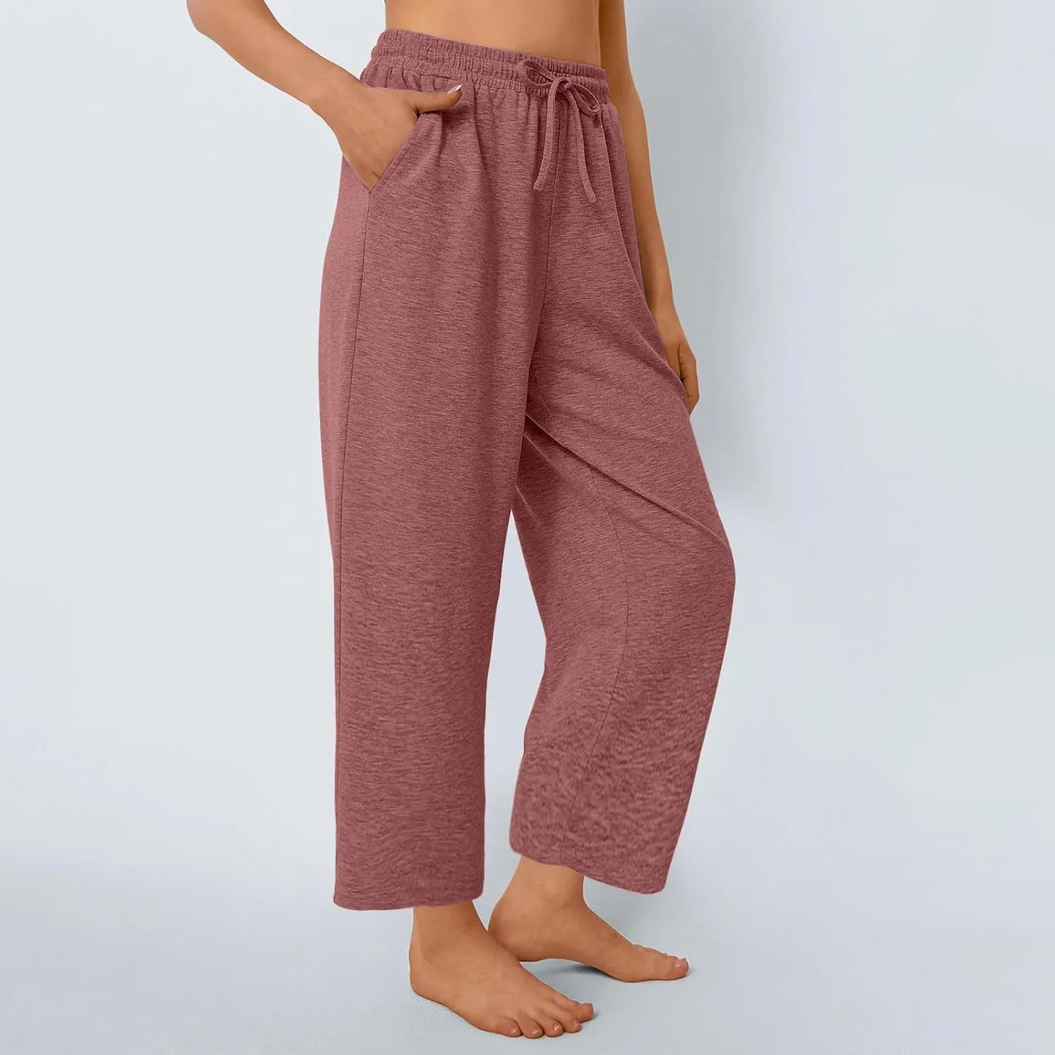 Womens Sweatpants Drawstring Stretch High Rise Straight Leg Pockets Solid Color Trousers Casual Comfy Workout Pant