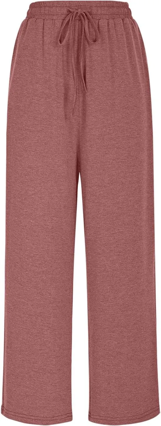 Womens Sweatpants Drawstring Stretch High Rise Straight Leg Pockets Solid Color Trousers Casual Comfy Workout Pant