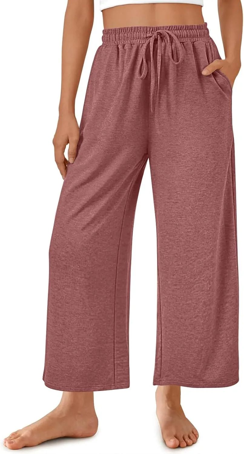 Womens Sweatpants Drawstring Stretch High Rise Straight Leg Pockets Solid Color Trousers Casual Comfy Workout Pant