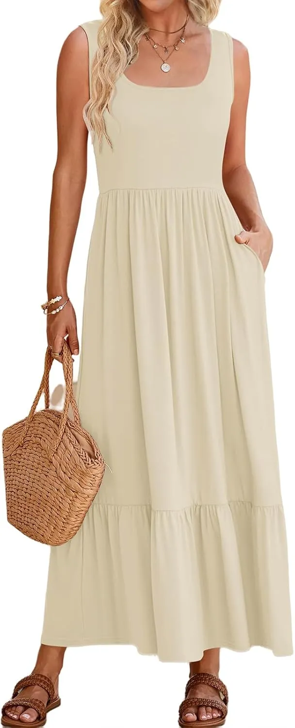 Women's Tank Dress Sleeveless Square Neck Tunic Dress Ruffle Tiered Maxi Dresses Summer Beach Vacation Sundress 2025