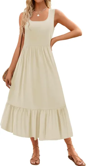 Women's Tank Dress Sleeveless Square Neck Tunic Dress Ruffle Tiered Maxi Dresses Summer Beach Vacation Sundress 2025