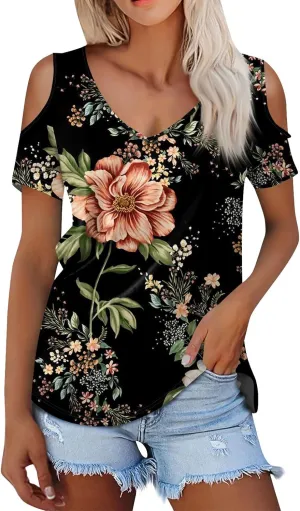 Womens Tops Summer Casual Sexy V Neck Short Sleeve Shirts Cold Shoulder Tops Loose Blouses Soft Comfy Graphic Tees