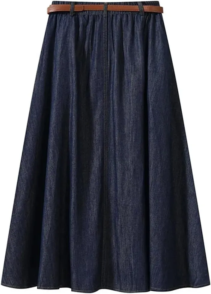 Women's Vintage Denim Midi Skirts High Waist A-Line Plain Pleated Thin Skirts