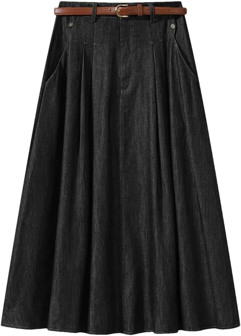 Women's Vintage Denim Midi Skirts High Waist A-Line Plain Pleated Thin Skirts