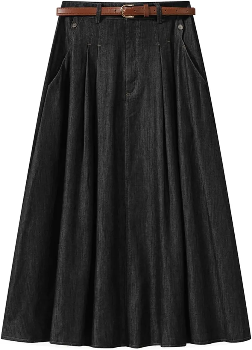 Women's Vintage Denim Midi Skirts High Waist A-Line Plain Pleated Thin Skirts