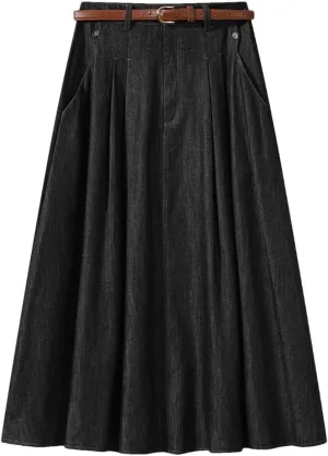 Women's Vintage Denim Midi Skirts High Waist A-Line Plain Pleated Thin Skirts