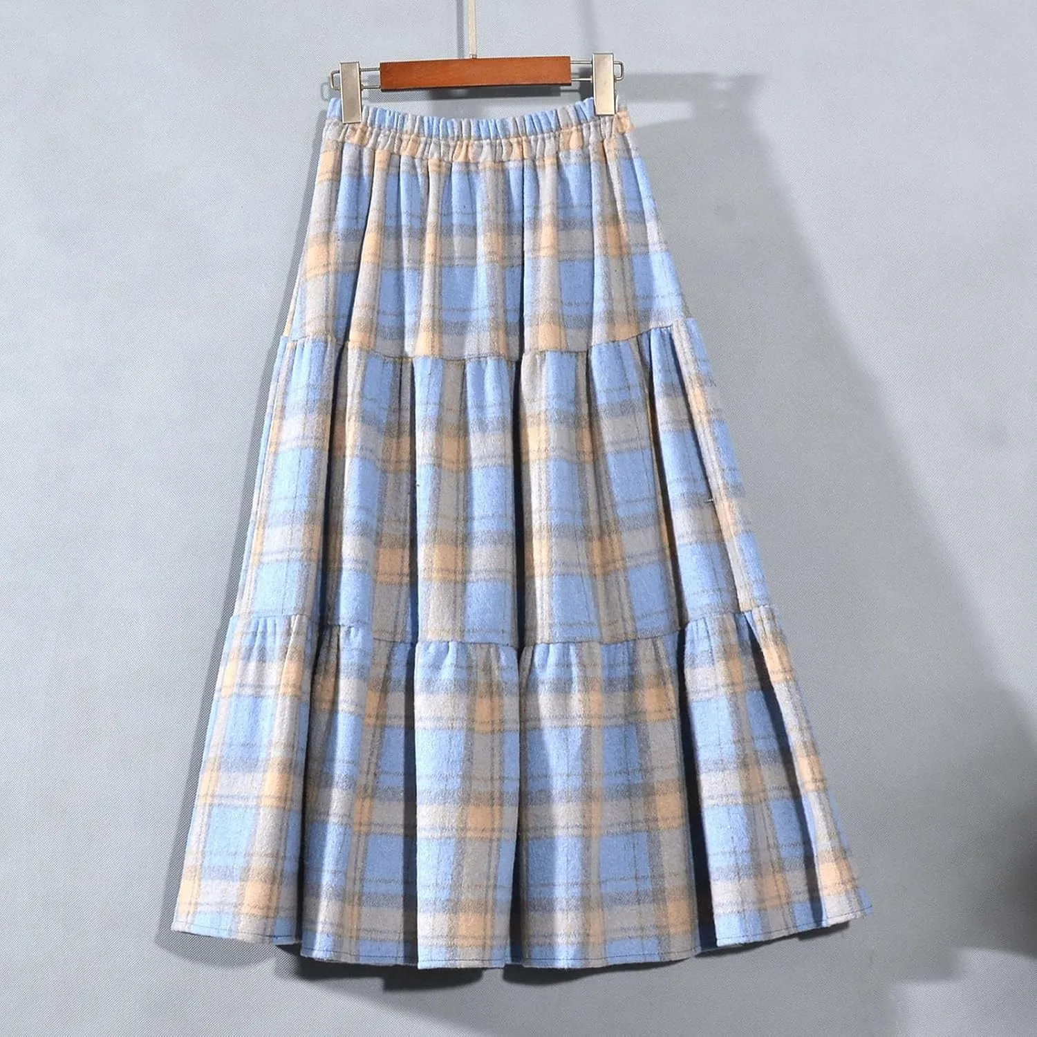 Women's Vintage High Waist Wool Blend Plaid A-Line Long Maxi Skirt Elasticity Waistband Layered Swing A-Line Skirts