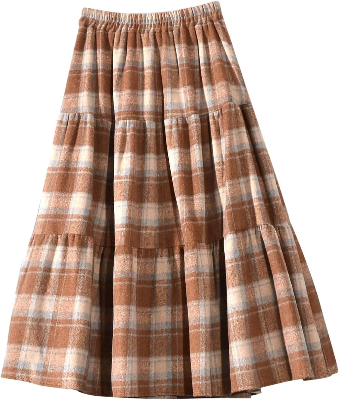 Women's Vintage High Waist Wool Blend Plaid A-Line Long Maxi Skirt Elasticity Waistband Layered Swing A-Line Skirts
