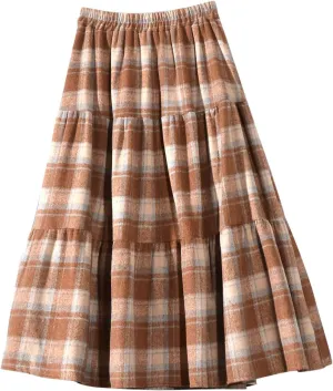 Women's Vintage High Waist Wool Blend Plaid A-Line Long Maxi Skirt Elasticity Waistband Layered Swing A-Line Skirts