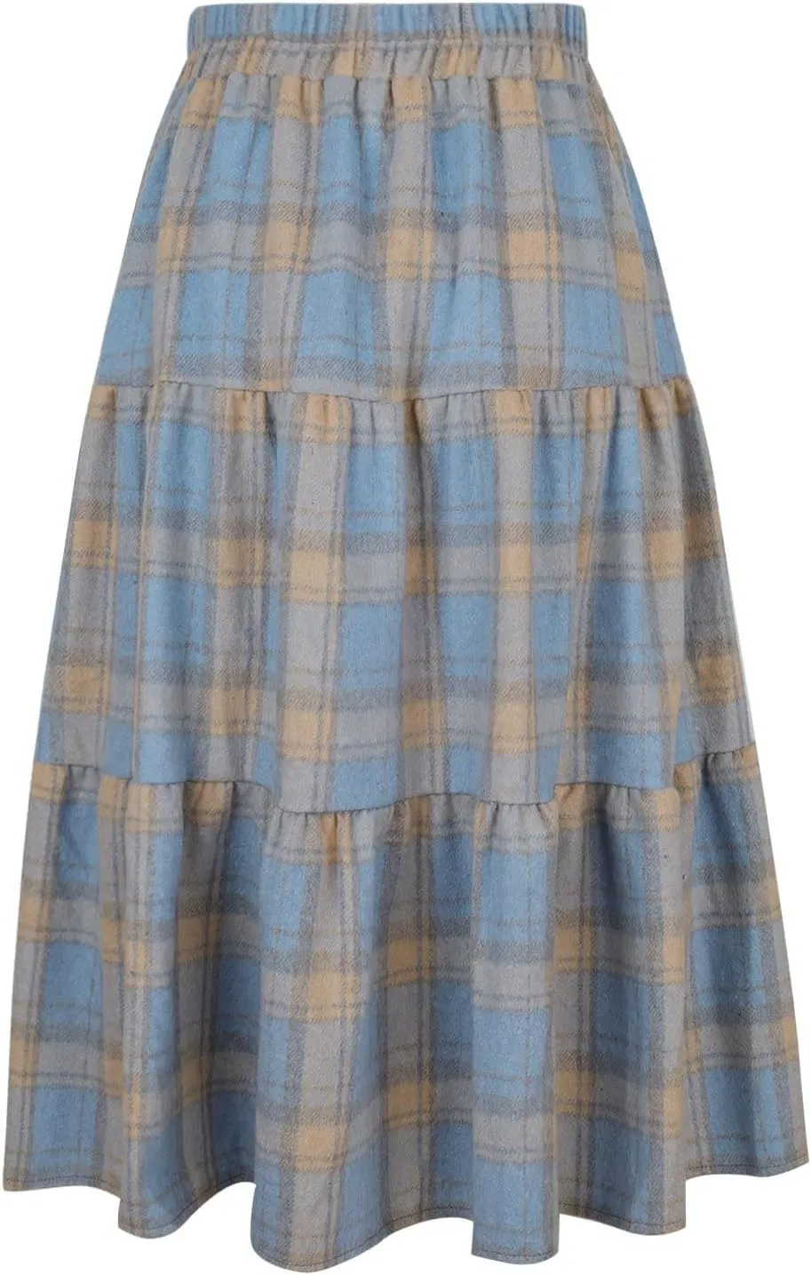 Women's Vintage High Waist Wool Blend Plaid A-Line Long Maxi Skirt Elasticity Waistband Layered Swing A-Line Skirts