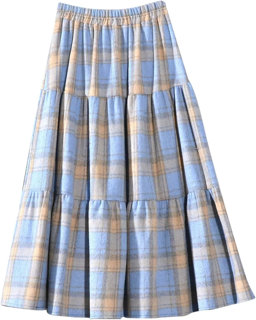 Women's Vintage High Waist Wool Blend Plaid A-Line Long Maxi Skirt Elasticity Waistband Layered Swing A-Line Skirts