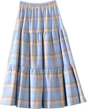 Women's Vintage High Waist Wool Blend Plaid A-Line Long Maxi Skirt Elasticity Waistband Layered Swing A-Line Skirts