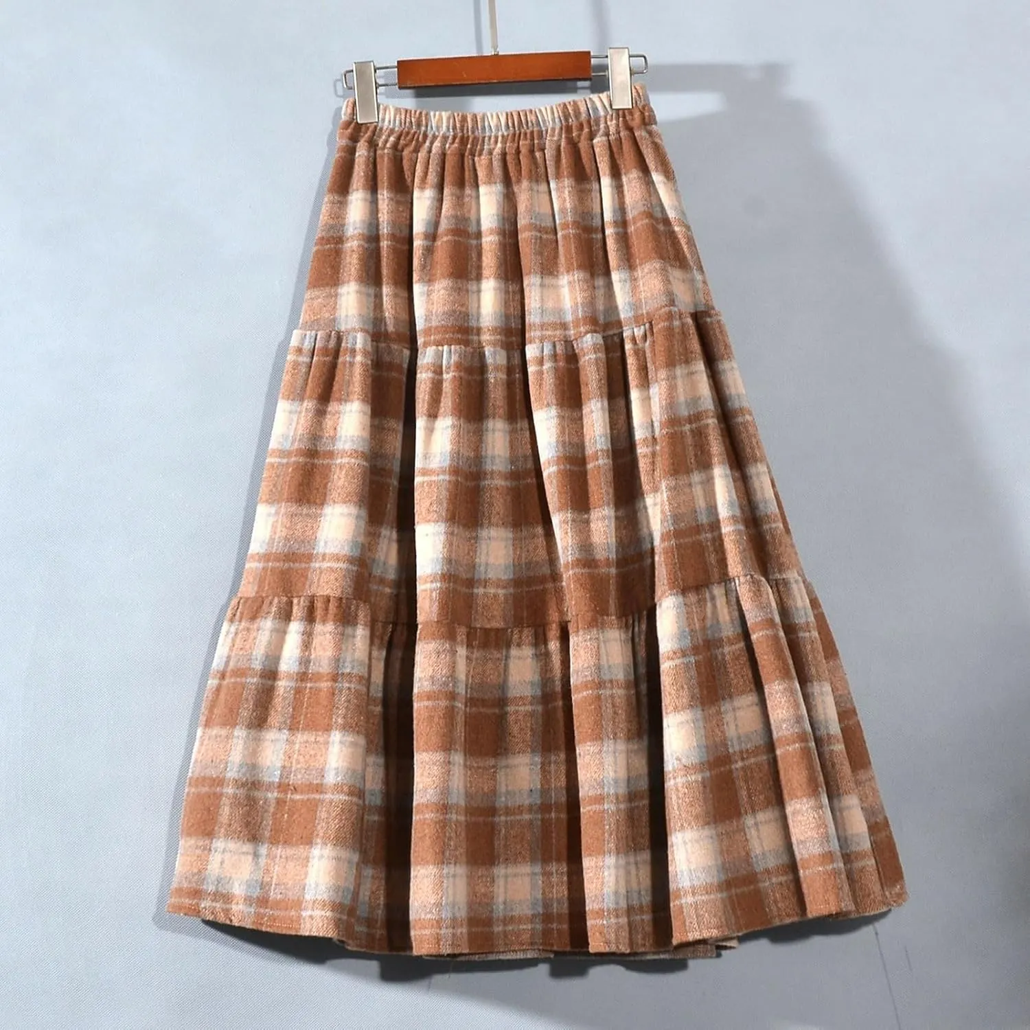 Women's Vintage High Waist Wool Blend Plaid A-Line Long Maxi Skirt Elasticity Waistband Layered Swing A-Line Skirts