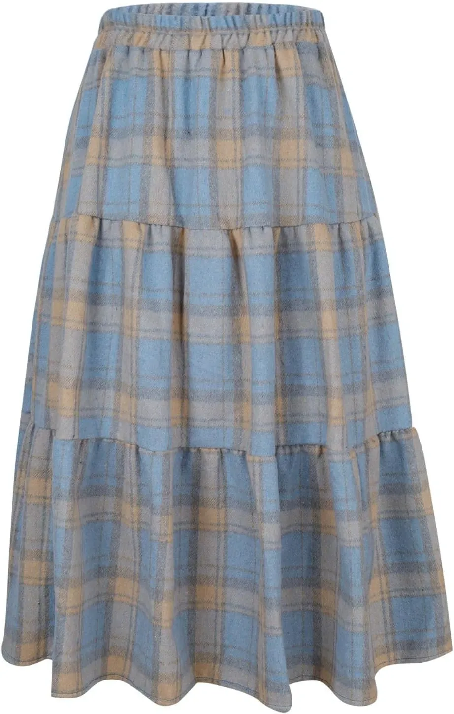 Women's Vintage High Waist Wool Blend Plaid A-Line Long Maxi Skirt Elasticity Waistband Layered Swing A-Line Skirts