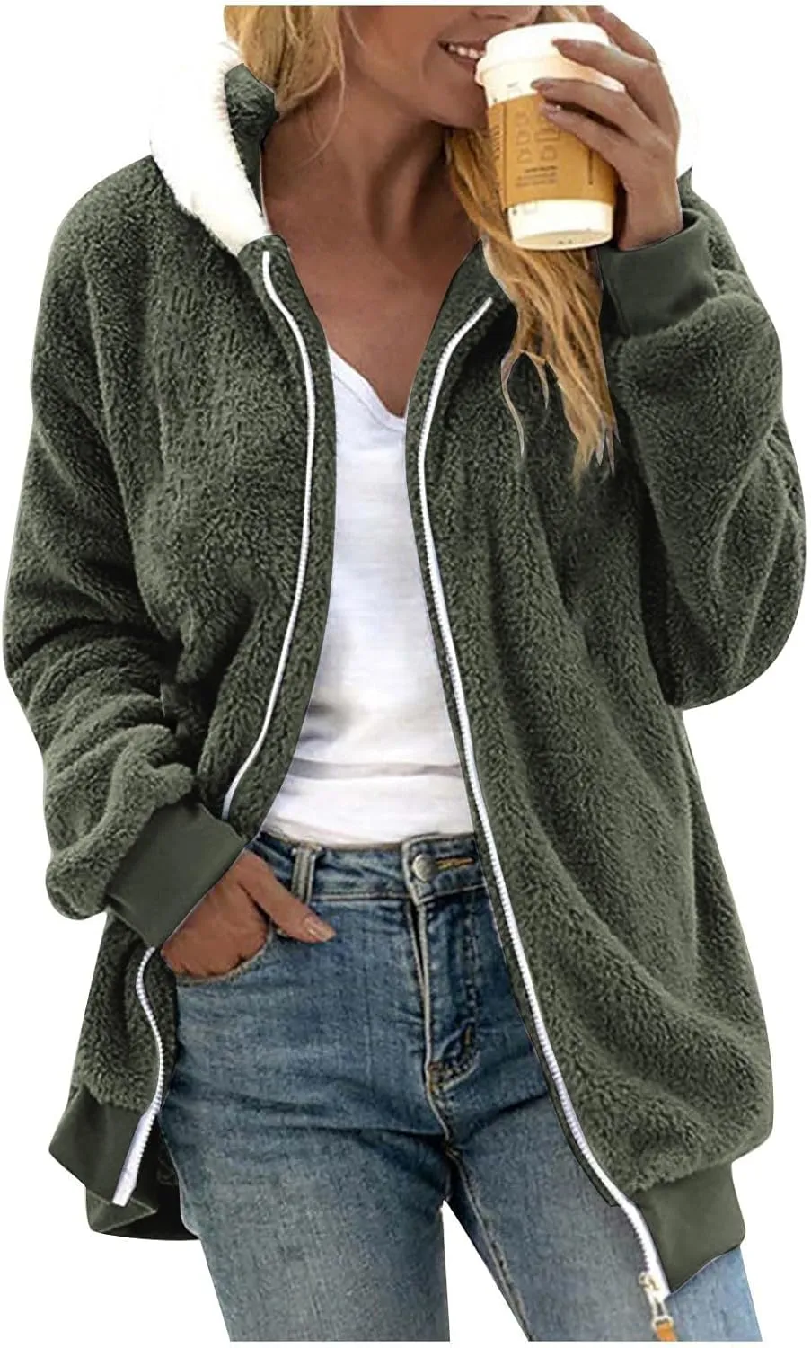 Women's Winter Coats Flannel Jacket Plus Size Hoodies Fleece Lined Jacket Zip Up Fur Cardigan Fleece Jackets for Women