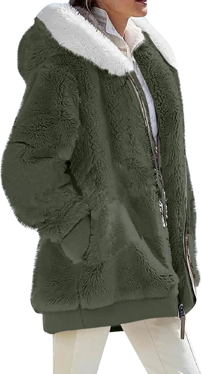 Women's Winter Coats Flannel Jacket Plus Size Hoodies Fleece Lined Jacket Zip Up Fur Cardigan Fleece Jackets for Women