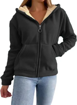 Womens Winter Hoodies Sherpa Lined Hooded Sweatshirt Zip Up Thick Warm Jacket Coat with Pockets