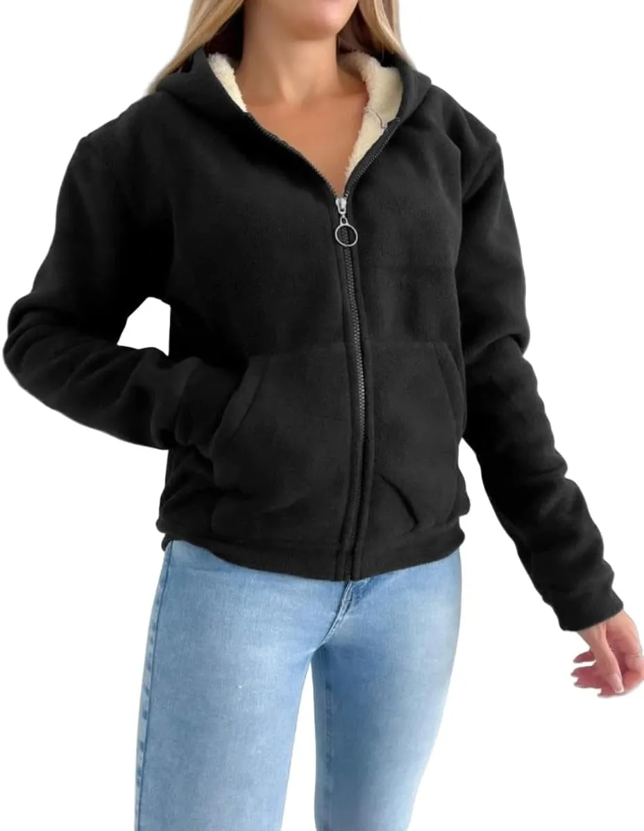 Womens Winter Hoodies Sherpa Lined Hooded Sweatshirt Zip Up Thick Warm Jacket Coat with Pockets