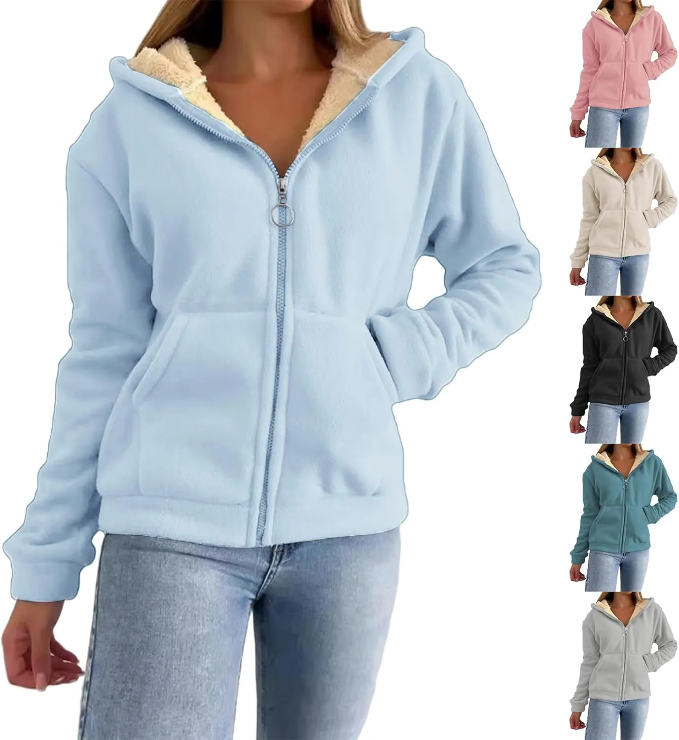 Womens Winter Hoodies Sherpa Lined Hooded Sweatshirt Zip Up Thick Warm Jacket Coat with Pockets