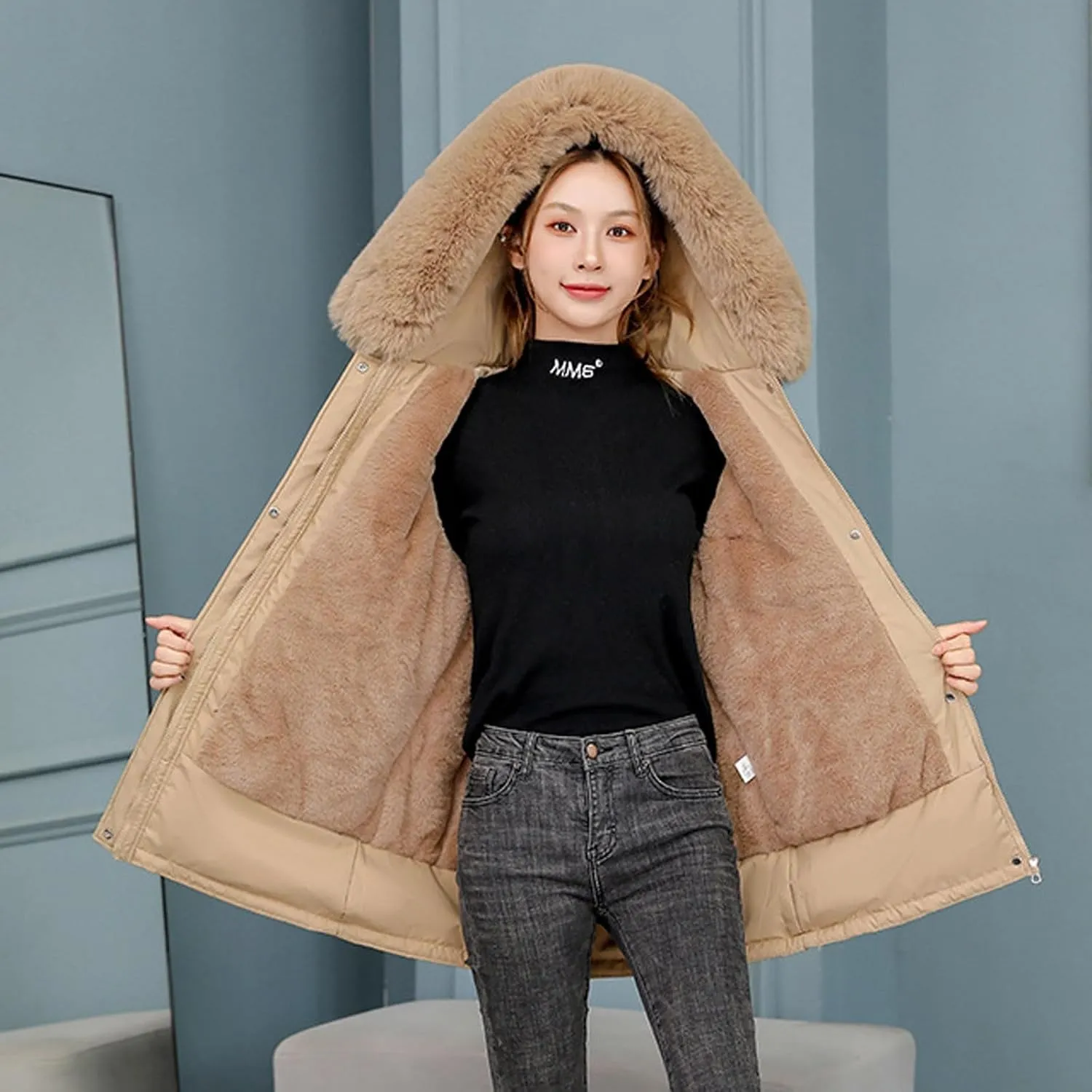 Women's Winter Puffer Coat Thicken Fleece Lined Down Jacket Faux Fur Parka Winter Thicken Fleece Lined Outerwear
