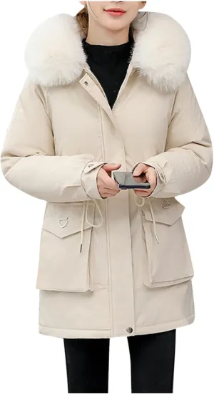 Women's Winter Puffer Coat Thicken Fleece Lined Down Jacket Faux Fur Parka Winter Thicken Fleece Lined Outerwear