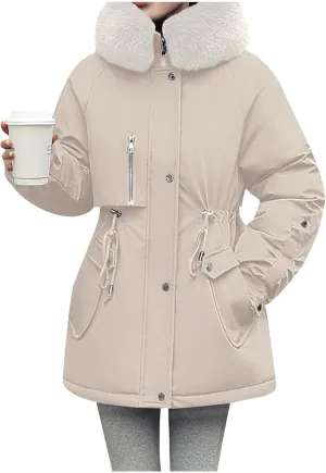 Women's Winter Puffer Coat Thicken Fleece Lined Down Jacket Faux Fur Parka Winter Thicken Fleece Lined Outerwear