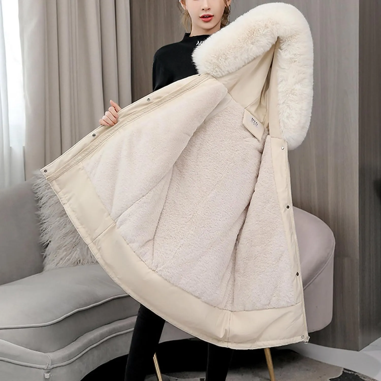 Women's Winter Puffer Coat Thicken Fleece Lined Down Jacket Faux Fur Parka Winter Thicken Fleece Lined Outerwear