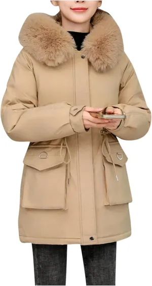 Women's Winter Puffer Coat Thicken Fleece Lined Down Jacket Faux Fur Parka Winter Thicken Fleece Lined Outerwear