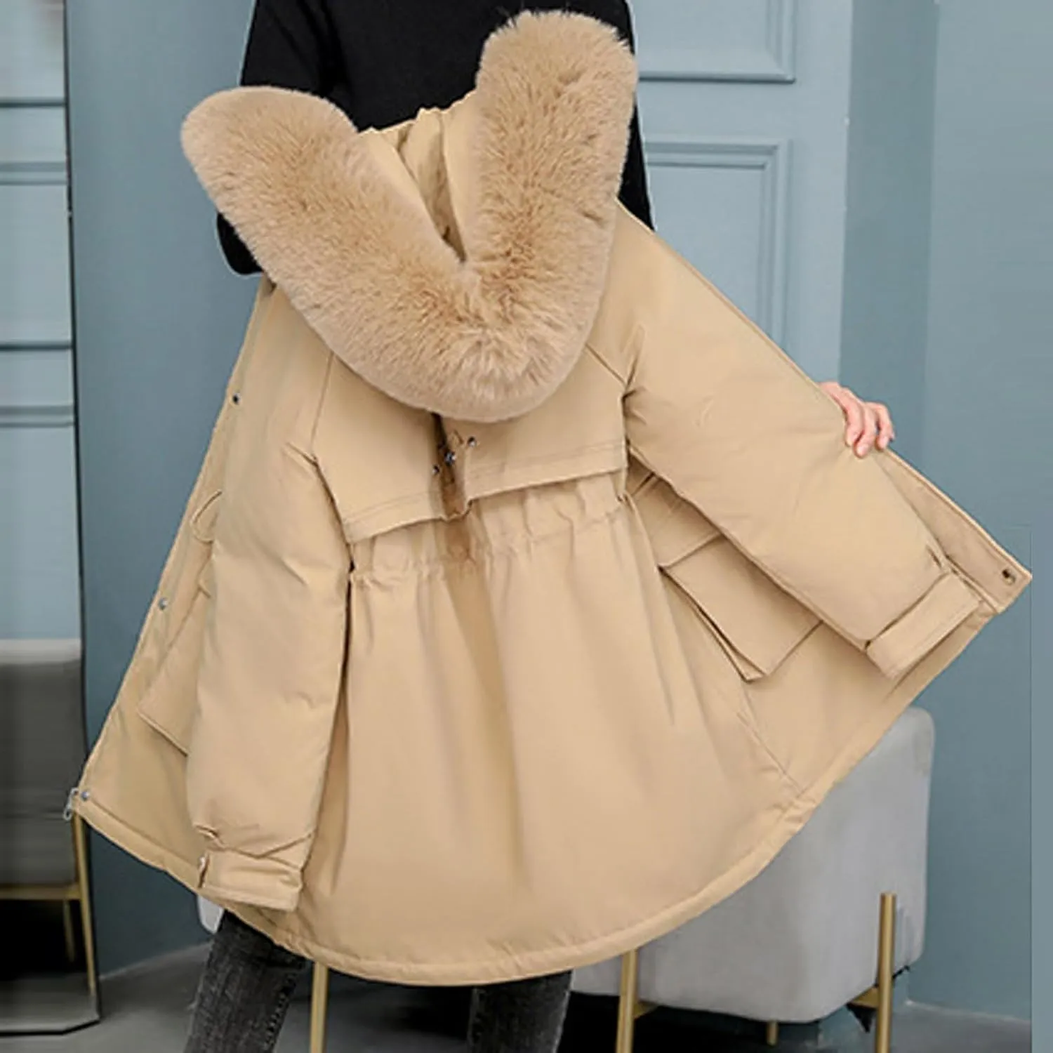 Women's Winter Puffer Coat Thicken Fleece Lined Down Jacket Faux Fur Parka Winter Thicken Fleece Lined Outerwear