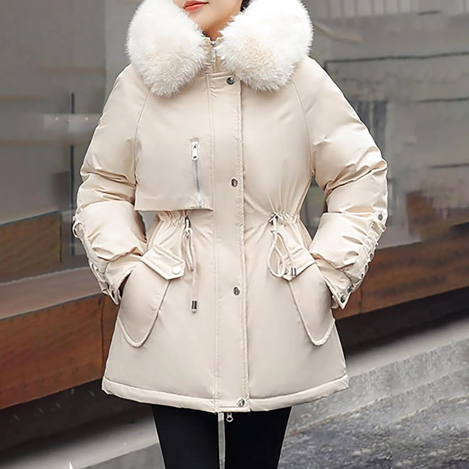 Women's Winter Puffer Coat Thicken Fleece Lined Down Jacket Faux Fur Parka Winter Thicken Fleece Lined Outerwear