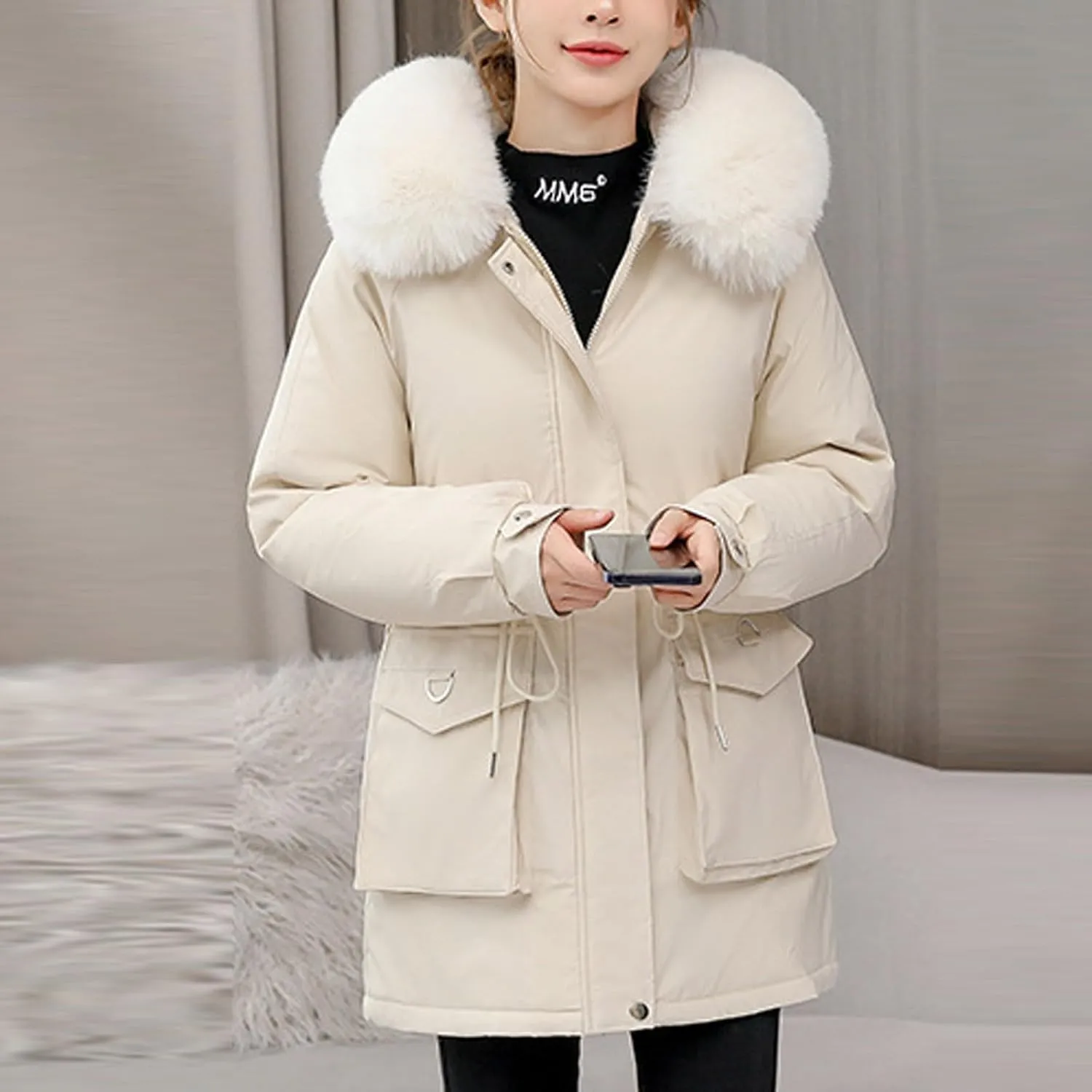 Women's Winter Puffer Coat Thicken Fleece Lined Down Jacket Faux Fur Parka Winter Thicken Fleece Lined Outerwear