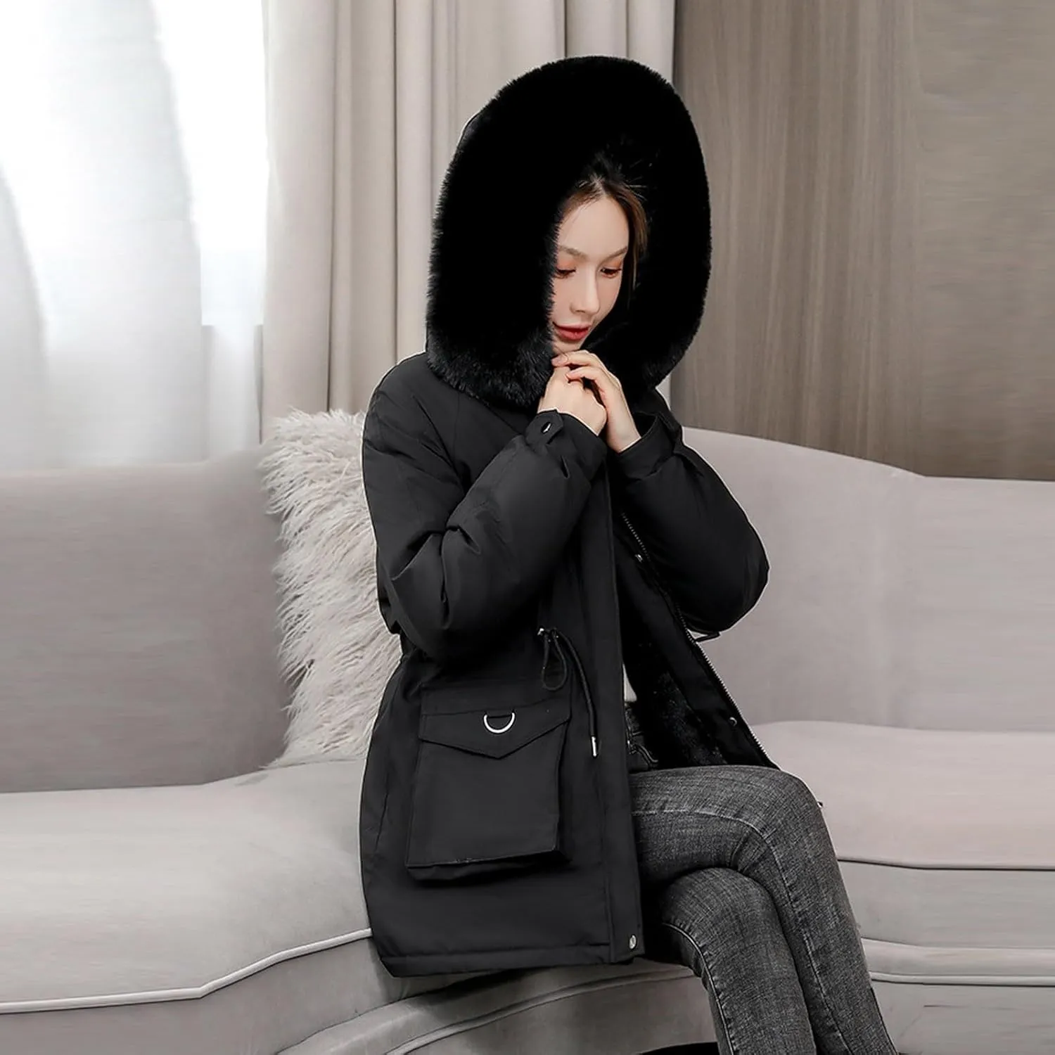 Women's Winter Puffer Coat Thicken Fleece Lined Down Jacket Faux Fur Parka Winter Thicken Fleece Lined Outerwear