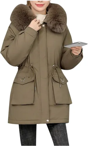 Women's Winter Puffer Coat Thicken Fleece Lined Down Jacket Faux Fur Parka Winter Thicken Fleece Lined Outerwear
