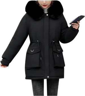 Women's Winter Puffer Coat Thicken Fleece Lined Down Jacket Faux Fur Parka Winter Thicken Fleece Lined Outerwear